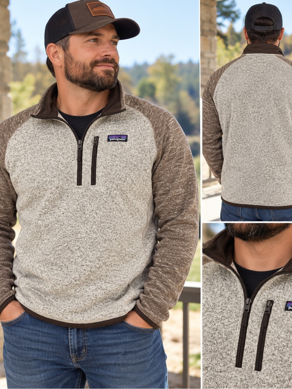 Patagonia Men’s Cream Body with Brown Sleeves Zip-Up Fleece Pullover